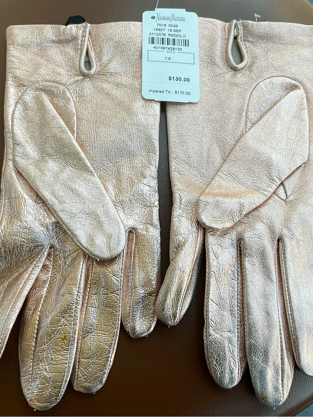 Neiman Marcus Rose Gold Metallic Leather Gloves size 7.5 NWT